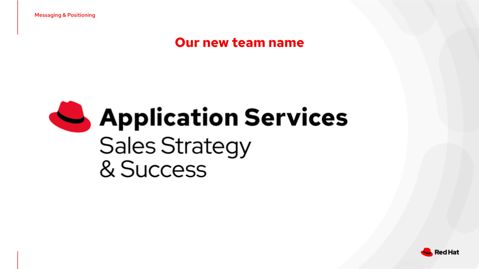 Red Hat messaging slide introducing Application Services Sales Strategy and Success.