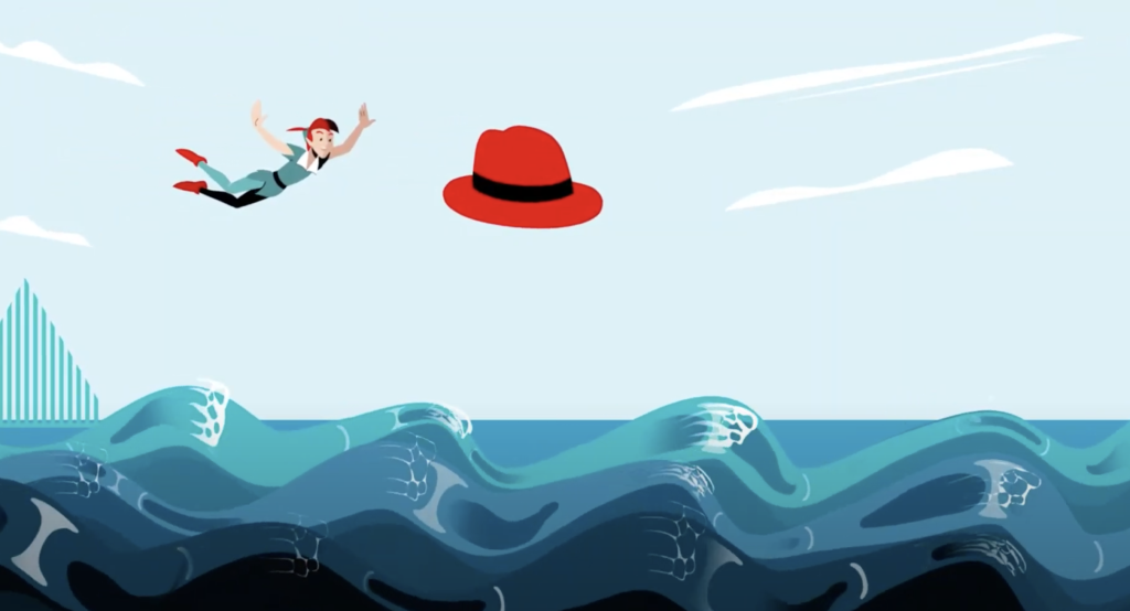 A Red Hat animation uses a flying character and a red hat above a blue sea.