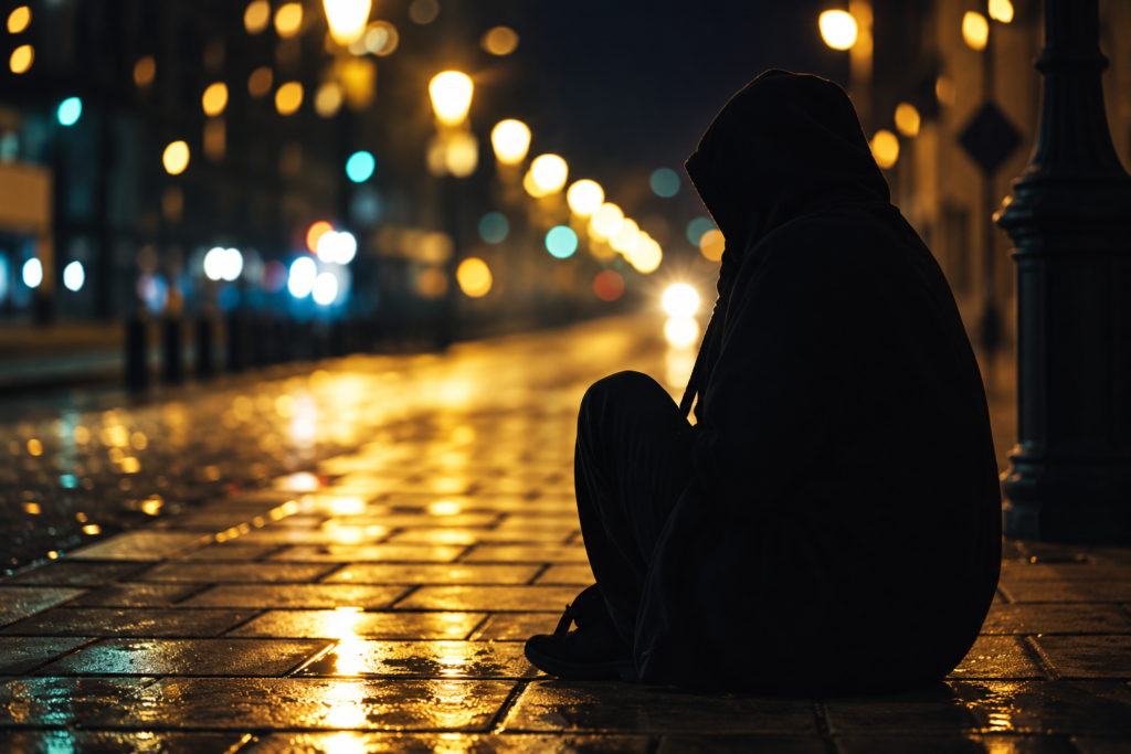 Person sitting on a wet city street at night