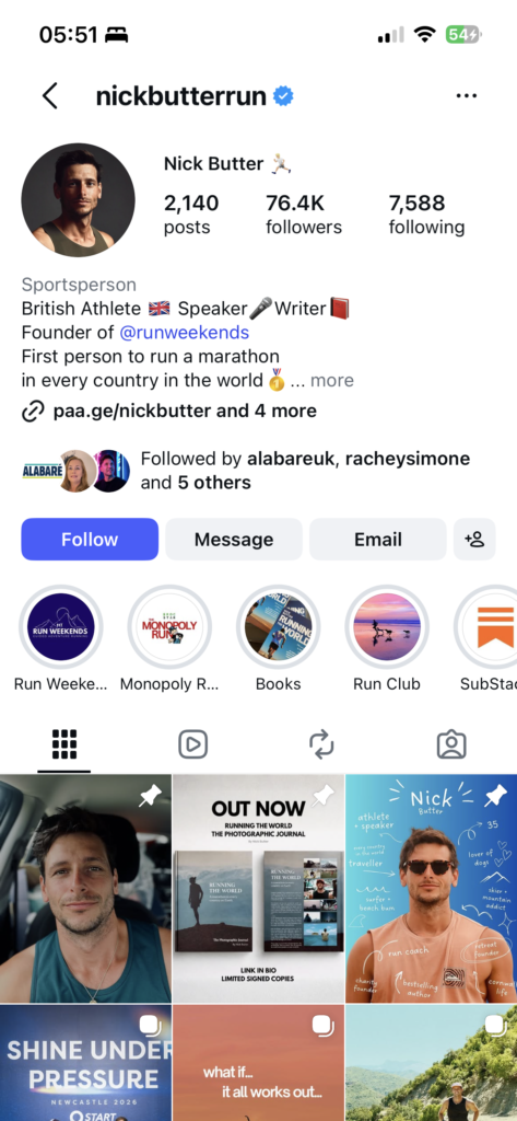 Nick Butter social profile showing influencer support