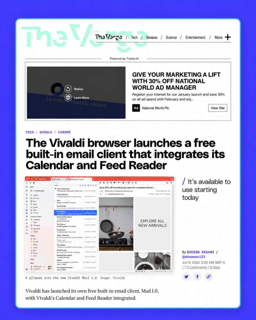 The Verge coverage of Vivaldi Mail presented in a Clockwork-blue frame.