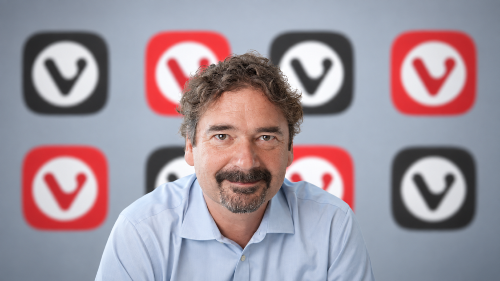 Vivaldi founder portrait against a branded Vivaldi backdrop.