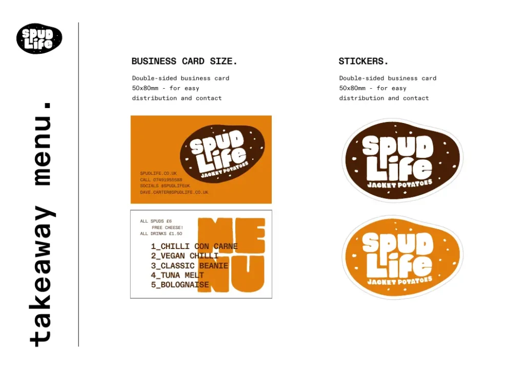 Spudlife takeaway menus, stickers and packaging assets